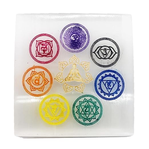 Square Selenite Seven Chakra Crystal Charging Plate for Crystal Cleansing, Reiki Healing, Meditation, and Spiritual Growth