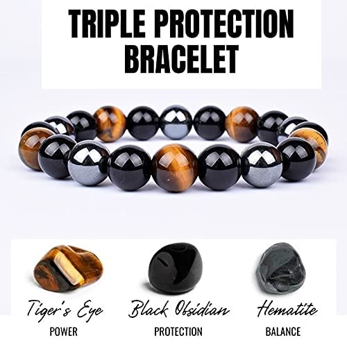 Activated Natural Black Obsidian, Hematite & Tiger Eye Stone Combination Bracelet A triple Protection Bracelet | For Negativity Evil Eye Spirit Protection | Best Protection Stones