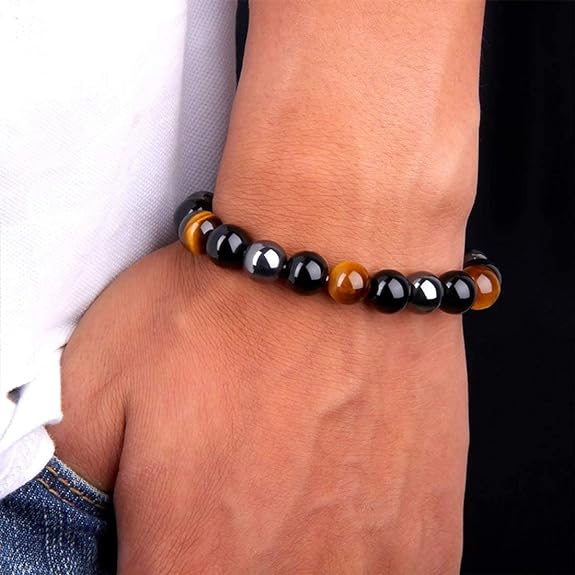 Activated Natural Black Obsidian, Hematite & Tiger Eye Stone Combination Bracelet A triple Protection Bracelet | For Negativity Evil Eye Spirit Protection | Best Protection Stones