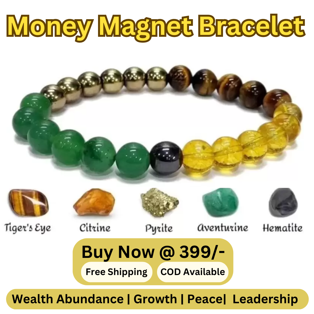 A multicolored Money magnet bracelet with various colored gemstone beads, including tiger's eye, citrine, hematite, green aventurine, and hemalite, displayed on a circular band.