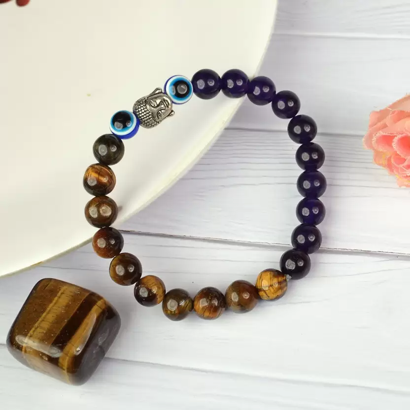 Certified Tiger Eye with Amethyst & Evil Eye Stone Bracelet: A Symbol of Strength, Balance & Positivity for Unisex