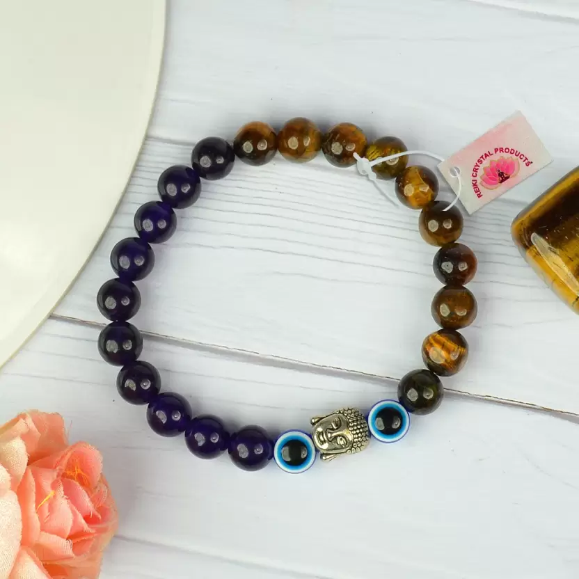 Certified Tiger Eye with Amethyst & Evil Eye Stone Bracelet: A Symbol of Strength, Balance & Positivity for Unisex