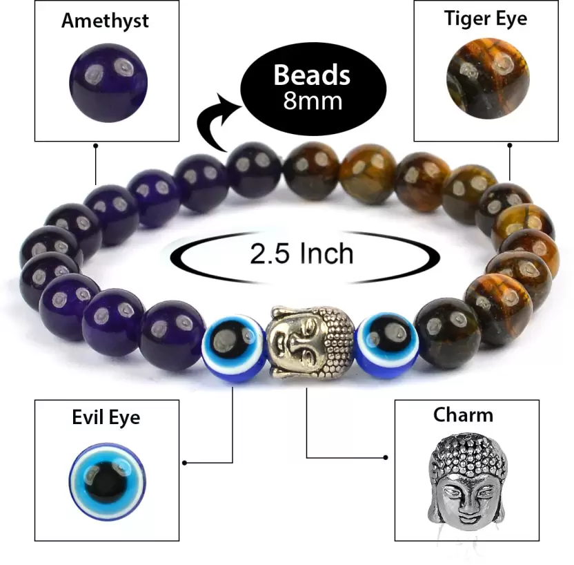 Certified Tiger Eye with Amethyst & Evil Eye Stone Bracelet: A Symbol of Strength, Balance & Positivity for Unisex