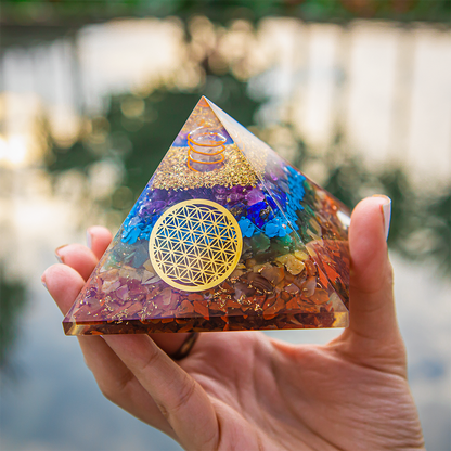 Seven Chakra Orgone Pyramid 3 inches in Transparent High Quality Resin