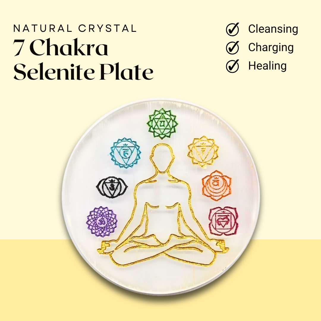 7 Chakra Natural Engraved Selenite Crystal Charging Plate for Healing, Meditation & Crystal Cleansing