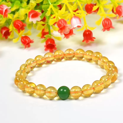 Citrine Crystal Stone with Single Green Jade Bead, Natural Healing Bracelet for Unisex