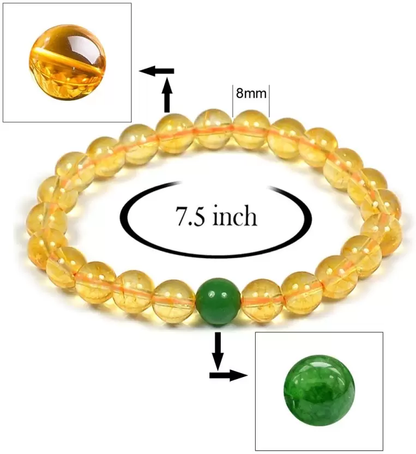 Citrine Crystal Stone with Single Green Jade Bead, Natural Healing Bracelet for Unisex