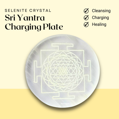 Selenite Charging Plate with Engraved Sri Yantra for Reiki Healing and Feng Shui