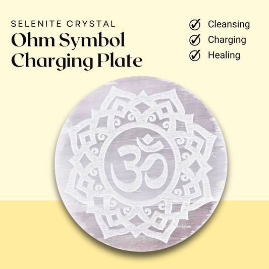 Selenite Charging Plate with Engraved Ohm Symbol for Reiki Healing and Meditation