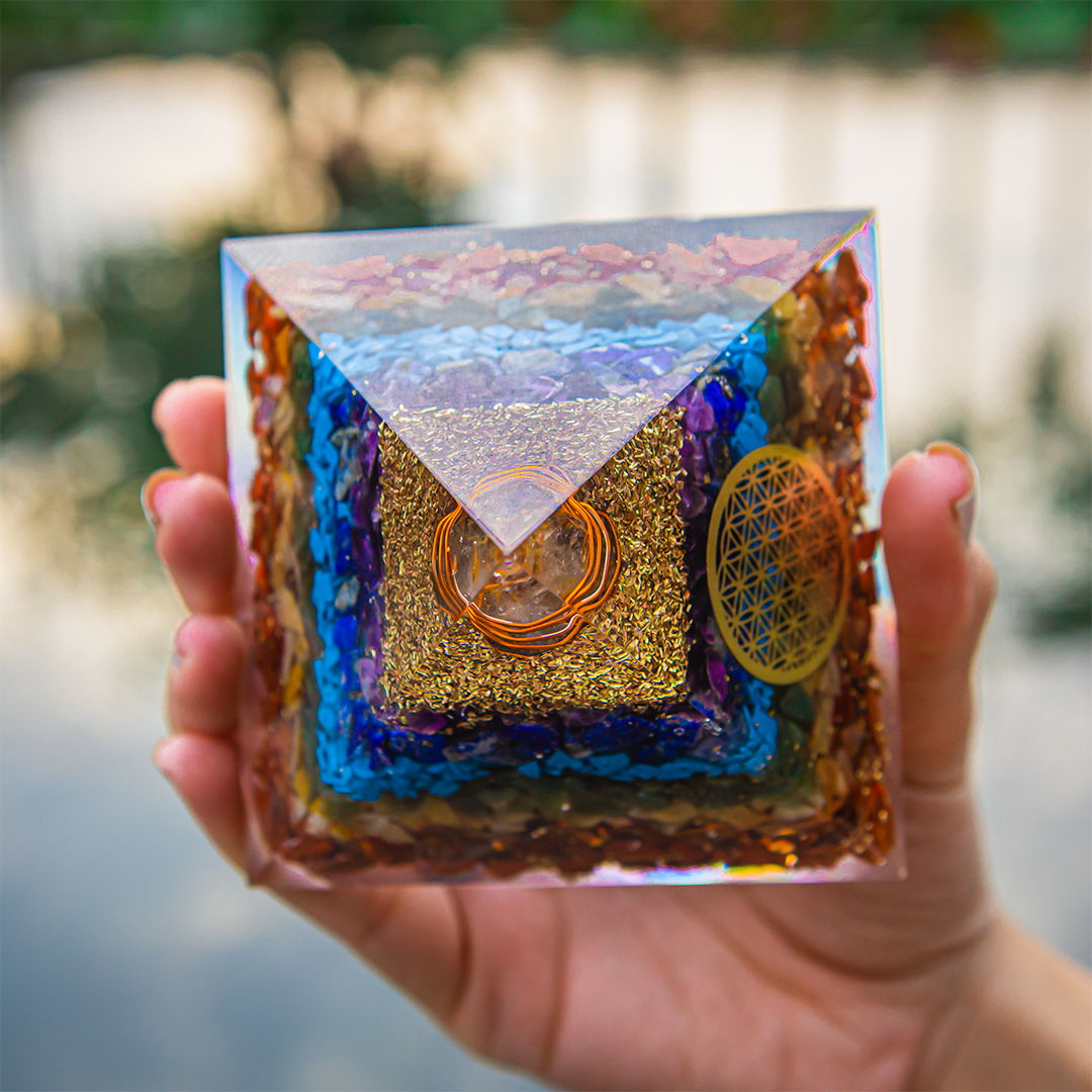 Seven Chakra Orgone Pyramid 3 inches in Transparent High Quality Resin