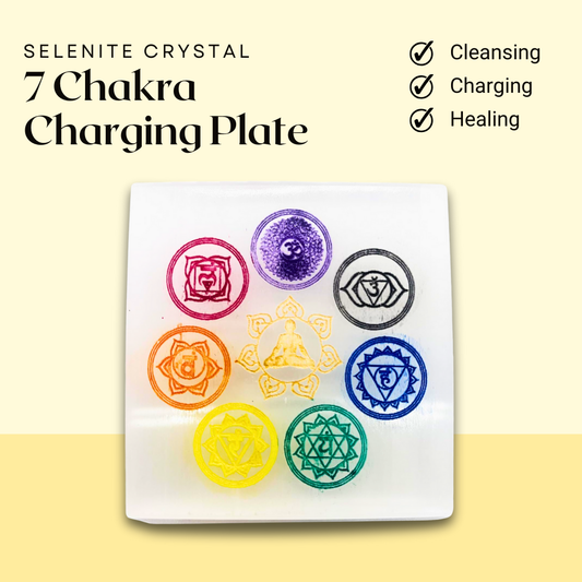 Square Selenite Seven Chakra Crystal Charging Plate for Crystal Cleansing, Reiki Healing, Meditation, and Spiritual Growth