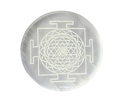 Selenite Charging Plate with Engraved Sri Yantra for Reiki Healing and Feng Shui