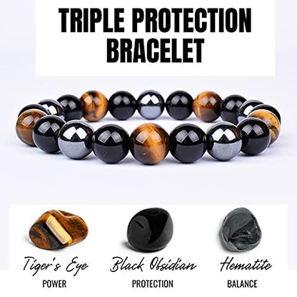 Activated Natural Black Obsidian Hematite Tiger Eye Stone Combination Bracelet A triple Protection Bracelet | For Negativity Evil Eye Spirit Protection | Best Protection Stones