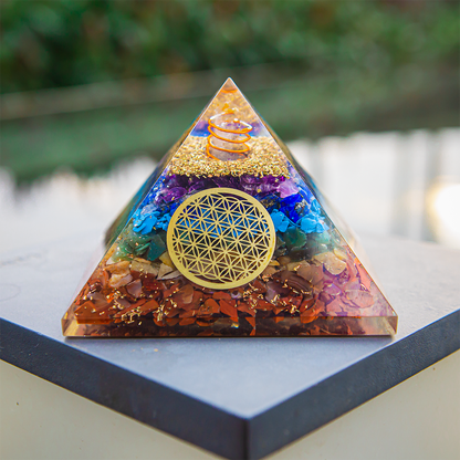 Seven Chakra Orgone Pyramid 3 inches in Transparent High Quality Resin