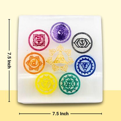 Square Selenite Seven Chakra Crystal Charging Plate for Crystal Cleansing, Reiki Healing, Meditation, and Spiritual Growth