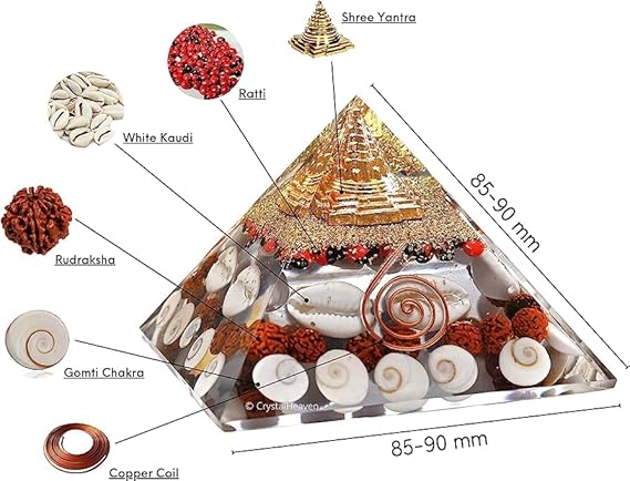 Laxmi Pyramid Original Gomati Chakra, Rudraksha, Cowrie Kodi Maha Laxmi Pyramid - 90mm Large Orgonite Pyramid with Shree Yantra - Pooja Vastu Items for Home for Good Luck, Money & Wealth