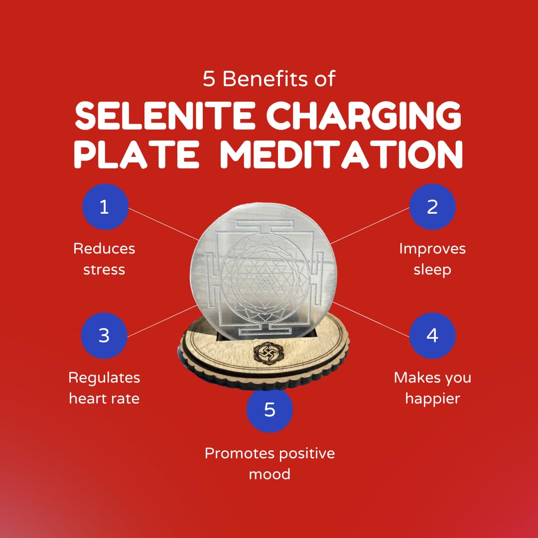 Selenite Plate Engraved Shri Yantra Used for Charging Crystal Cleansing Re-Energy Work, Meditation and Pooja -3 to 4 inch Sri Yantra (Round)