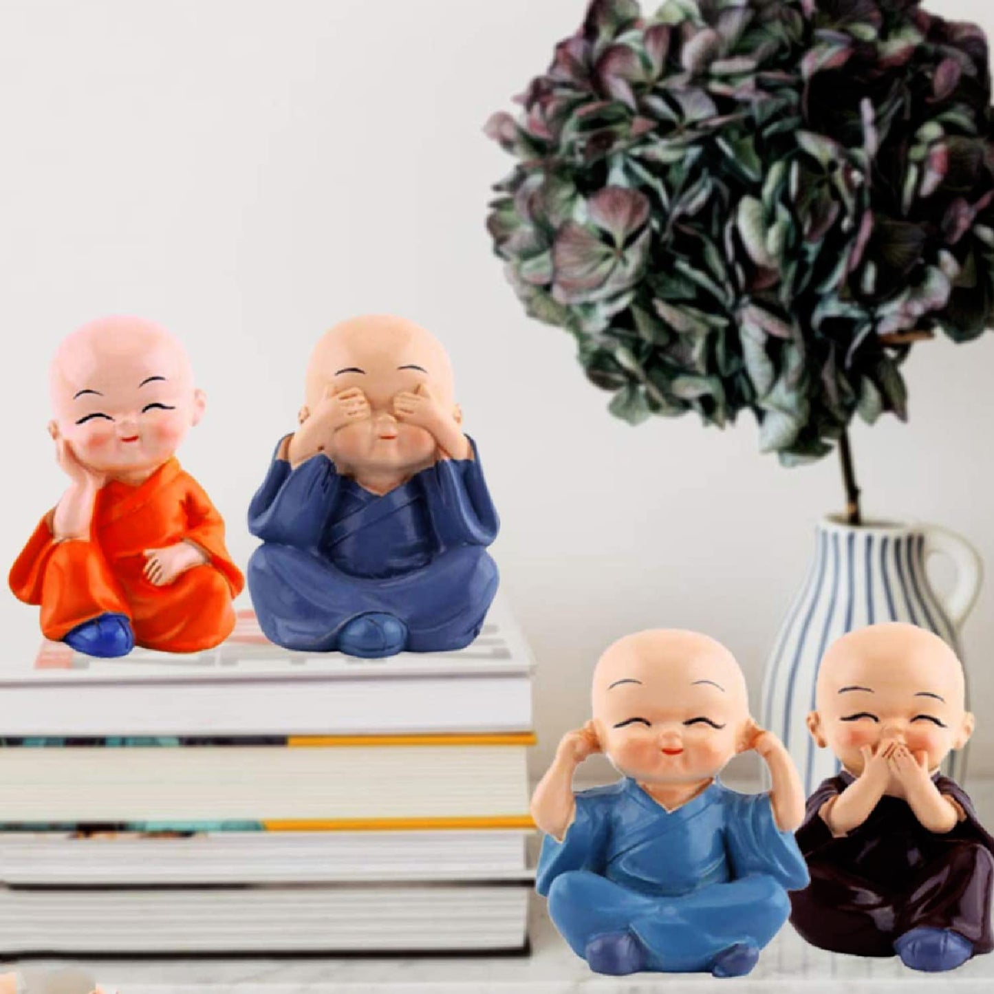 Resin Buddha Monk Statues, Small, Multicolour, Set of 4 Buddha Figurine good luck Sculpture Decoration for Indoor Outdoor Garden car dashboard Porch Yard Art Decor