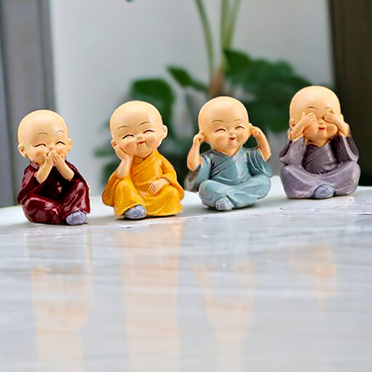 Resin Buddha Monk Statues, Small, Multicolour, Set of 4 Buddha Figurine good luck Sculpture Decoration for Indoor Outdoor Garden car dashboard Porch Yard Art Decor