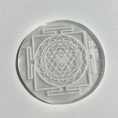 Selenite Plate Engraved Shri Yantra Used for Charging Crystal Cleansing Re-Energy Work, Meditation and Pooja -3 to 4 inch Sri Yantra (Round)