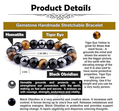 Activated Natural Black Obsidian Hematite Tiger Eye Stone Combination Bracelet A triple Protection Bracelet | For Negativity Evil Eye Spirit Protection | Best Protection Stones