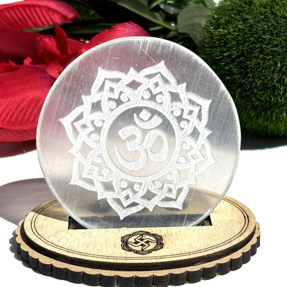 Selenite Charging Plate with Engraved Ohm Symbol for Reiki Healing and Meditation