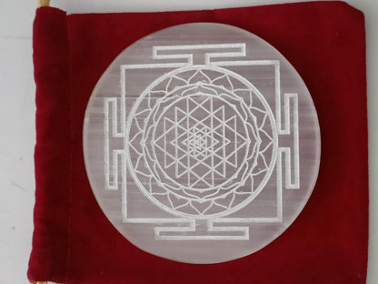 Selenite Plate Engraved Shri Yantra Used for Charging Crystal Cleansing Re-Energy Work, Meditation and Pooja -3 to 4 inch Sri Yantra (Round)