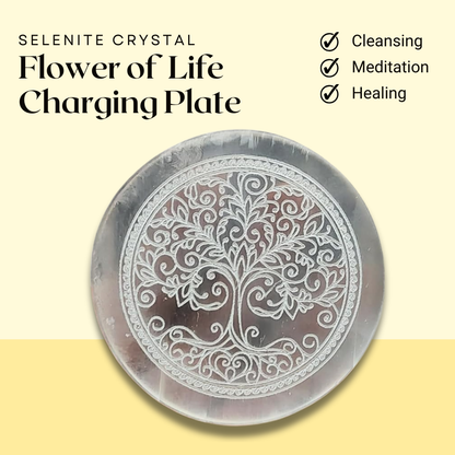 Selenite Charging Plate/Wand Engraved with Flower of Life for Reiki Healing, Crystal Meditation, and Cleansing Negative Energy