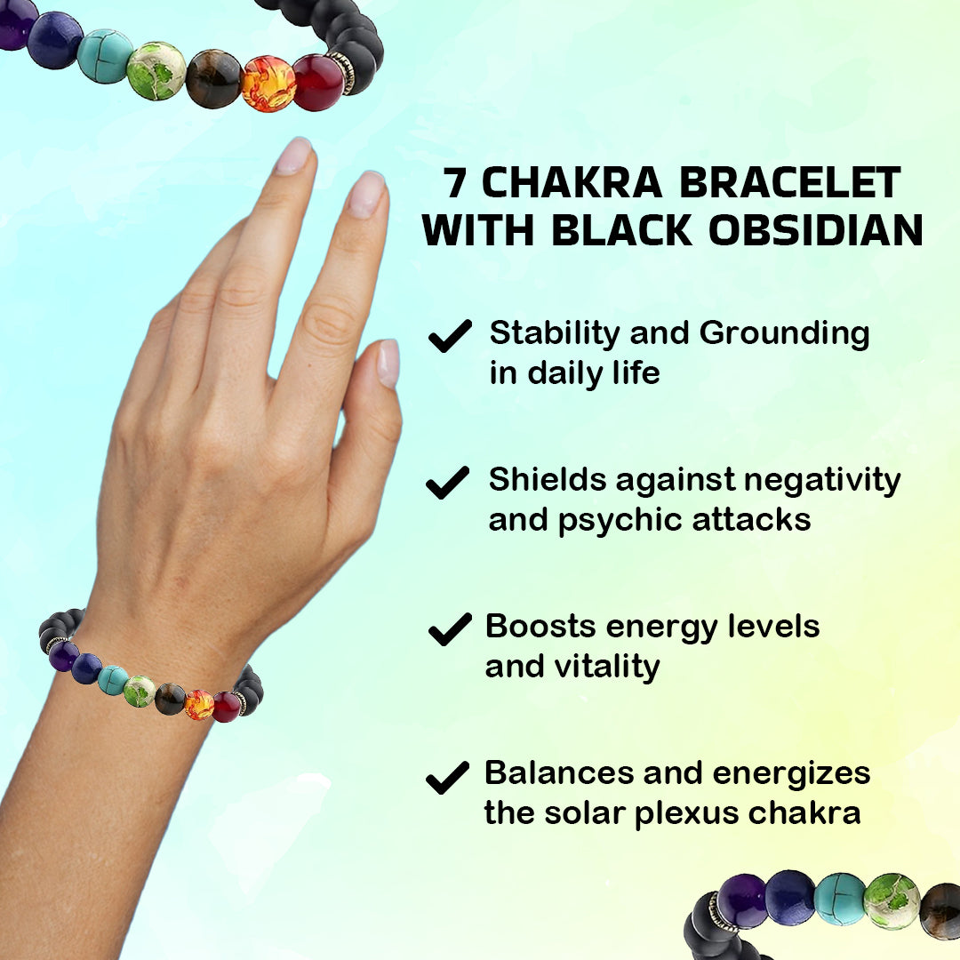 Certified Chakra Crystal Bracelet with Black Obsidian Beads for