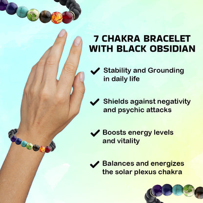 Certified 7 Chakra Crystal Bracelet with Black Obsidian Beads for Men & Women: Reiki Healing