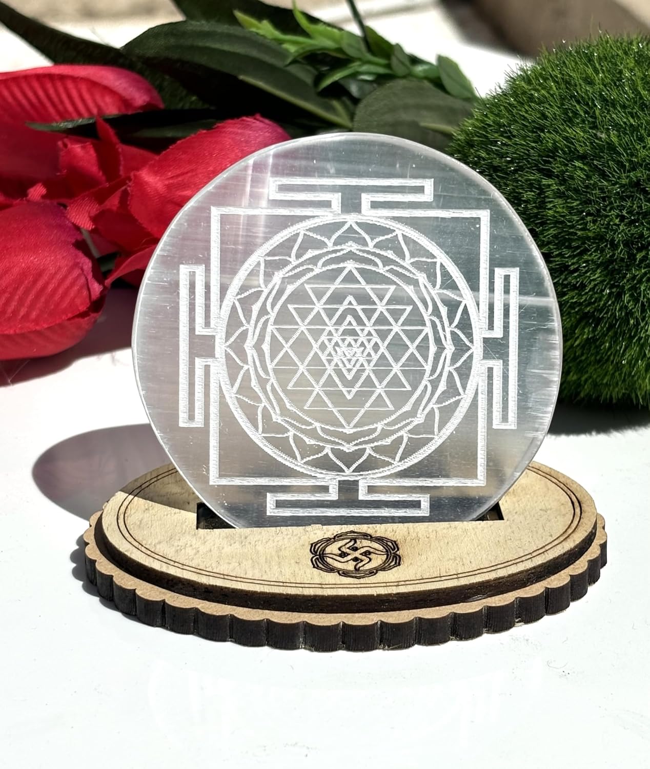 Selenite Plate Engraved Shri Yantra Used for Charging Crystal Cleansing Re-Energy Work, Meditation and Pooja -3 to 4 inch Sri Yantra (Round)