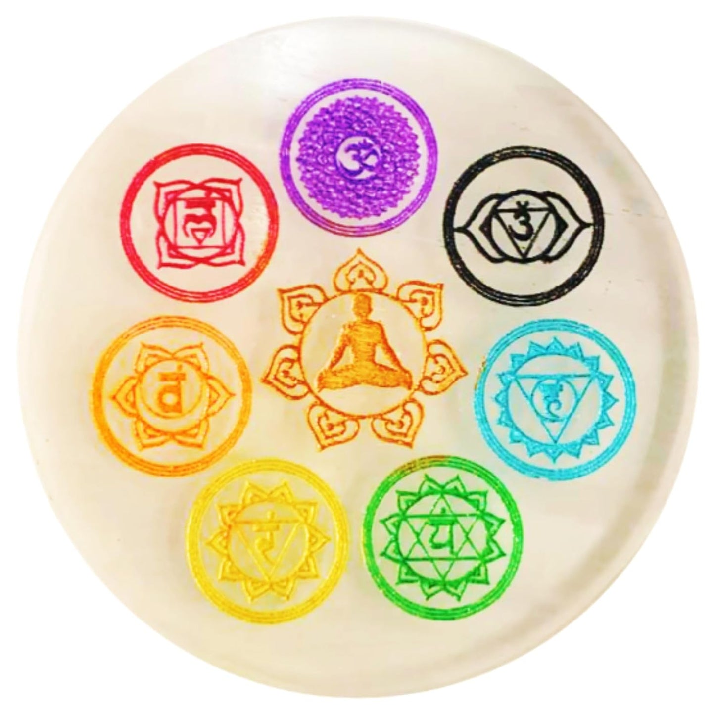 Seven Chakra Selenite Round Plate for Energy Healing & Meditation