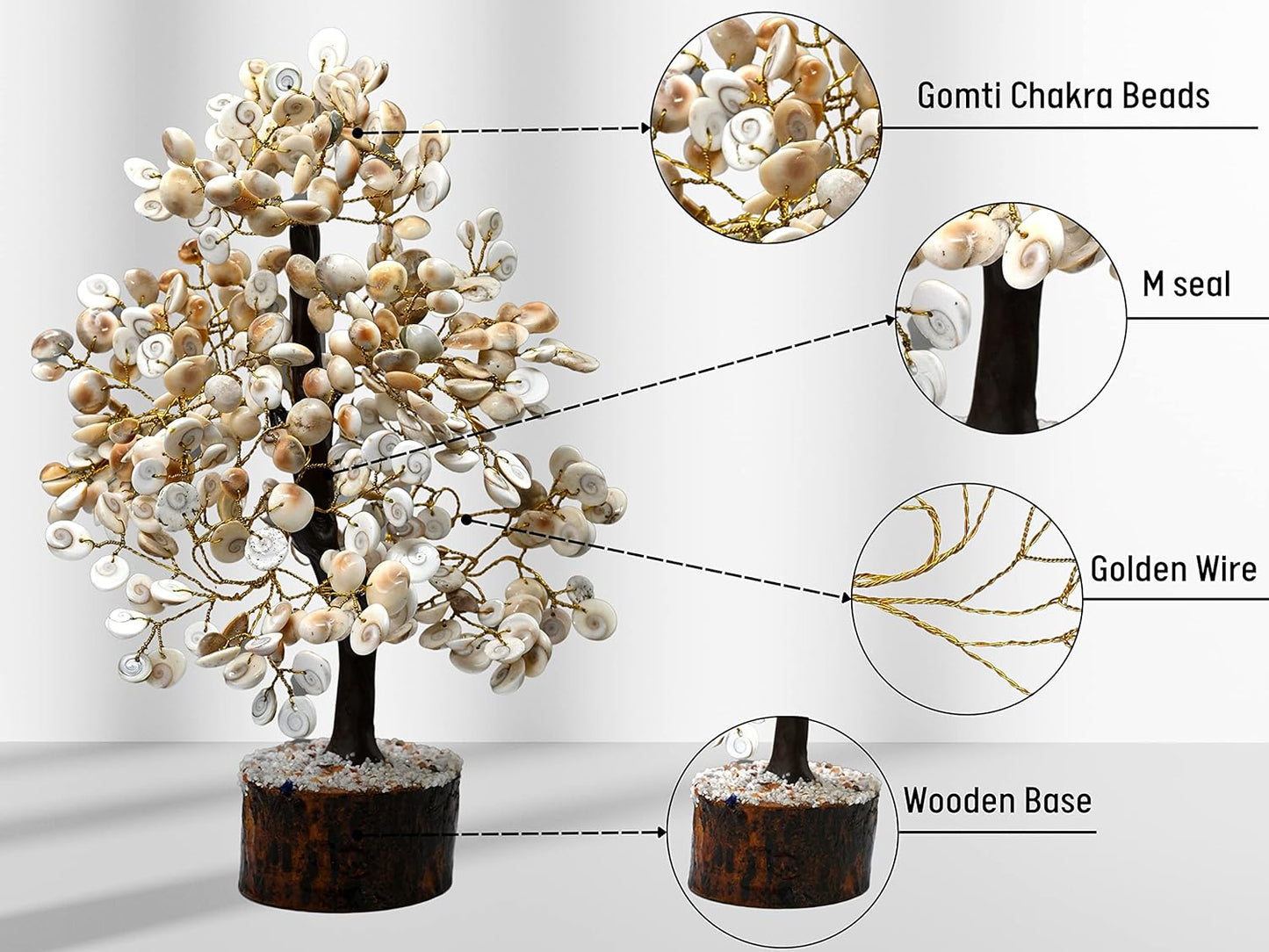 Crystal Gomati Chakra Tree with original Gomti Chakra - Home Decor Showpiece, Good Luck, Positive Energy (Small Size - 100 Beads, White, Crystal)