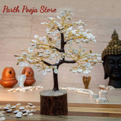 Crystal Gomati Chakra Tree with original Gomti Chakra - Home Decor Showpiece, Good Luck, Positive Energy (Small Size - 100 Beads, White, Crystal)