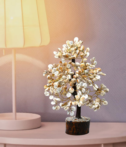 Crystal Gomati Chakra Tree with original Gomti Chakra - Home Decor Showpiece, Good Luck, Positive Energy (Small Size - 100 Beads, White, Crystal)