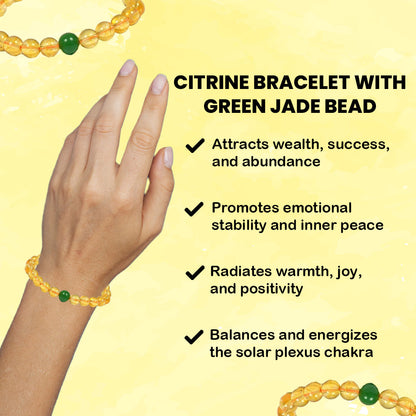 Natural Citrine Stone Bracelet with Green Jade Bead: Wealth & Prosperity for Men, Women & Kids