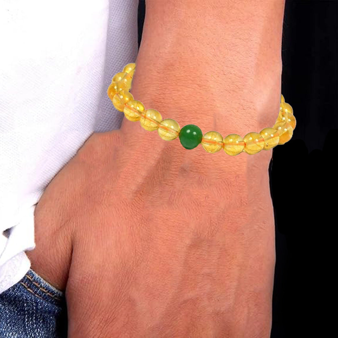 Natural Citrine Stone Bracelet with Green Jade Bead: Wealth & Prosperity for Men, Women & Kids