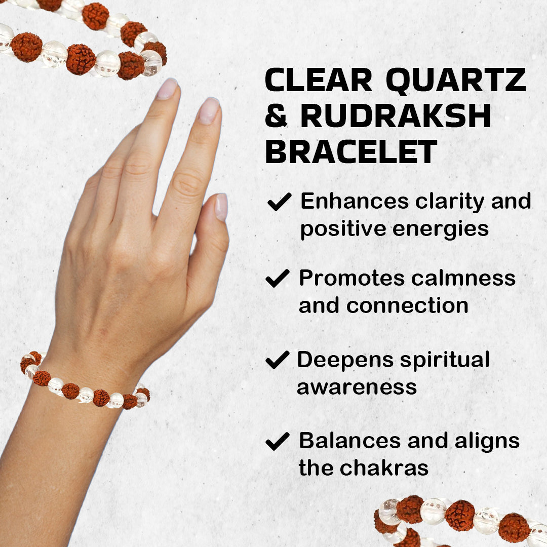 Combination of Clear Quartz & Rudraksh Round Beaded Bracelet for Calmness & Spiritual Connection