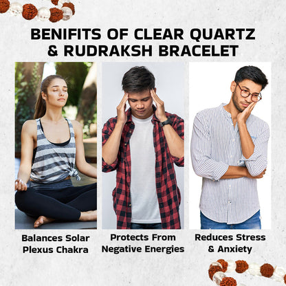 Combination of Clear Quartz & Rudraksh Round Beaded Bracelet for Calmness & Spiritual Connection