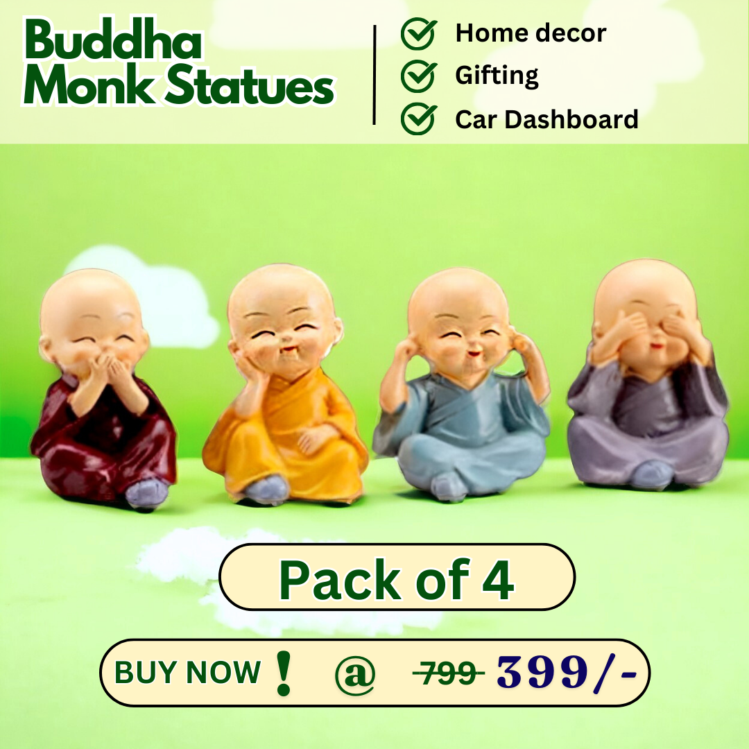 Resin Buddha Monk Statues, Small, Multicolour, Set of 4 Buddha Figurine good luck Sculpture Decoration for Indoor Outdoor Garden car dashboard Porch Yard Art Decor