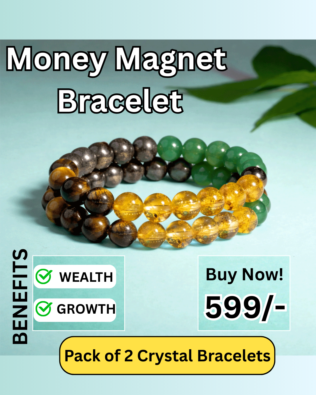 Wealth Income & Prosperity- Money Magnet Crystal Bracelet | Pyrite, Tiger Eye, Hematite, Citrine, Green Aventurine Beaded Bracelet for Unisex
