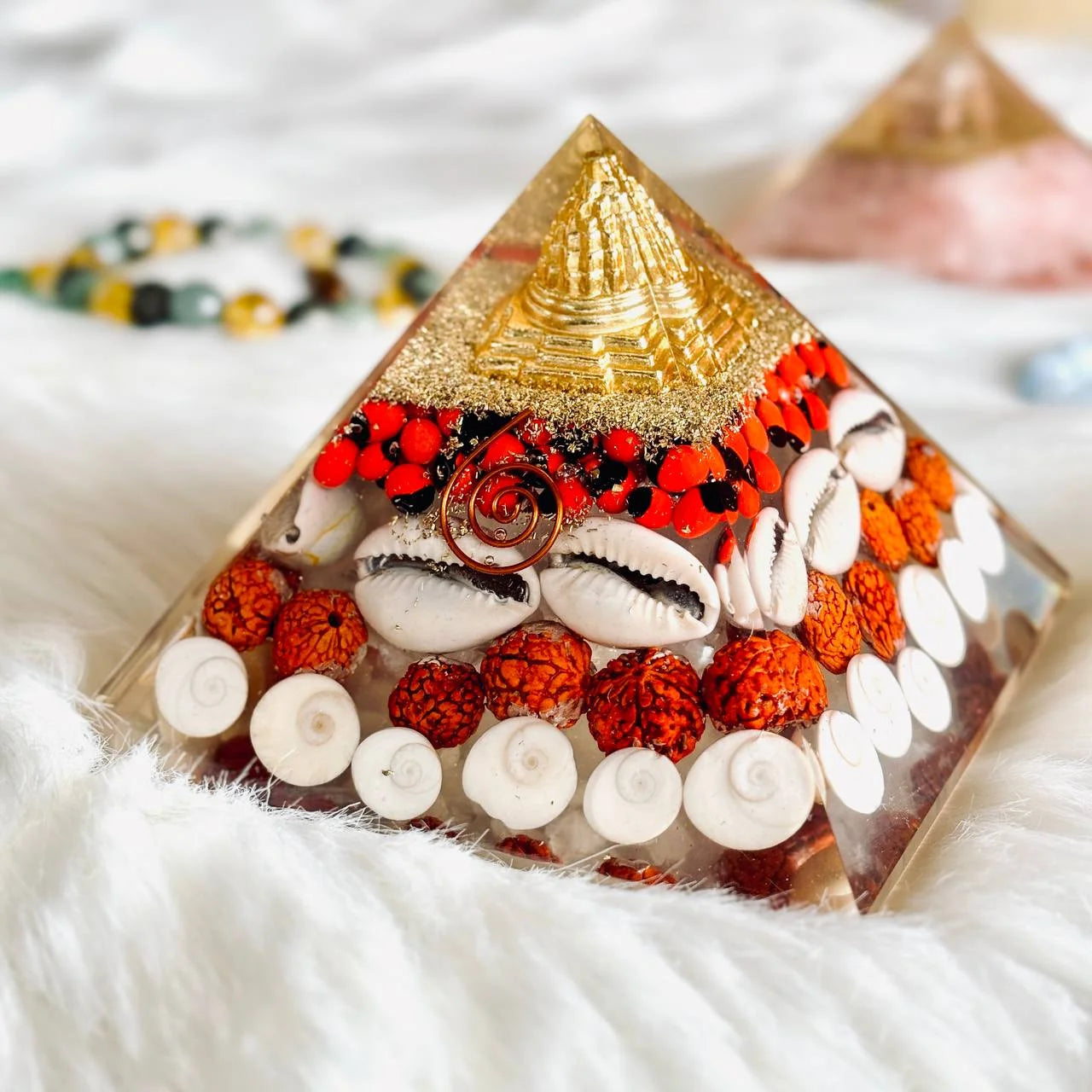 Laxmi Pyramid Original Gomati Chakra, Rudraksha, Cowrie Kodi Maha Laxmi Pyramid - 90mm Large Orgonite Pyramid with Shree Yantra - Pooja Vastu Items for Home for Good Luck, Money & Wealth