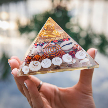 Laxmi Pyramid Original Gomati Chakra, Rudraksha, Cowrie Kodi Maha Laxmi Pyramid - 90mm Large Orgonite Pyramid with Shree Yantra - Pooja Vastu Items for Home for Good Luck, Money & Wealth