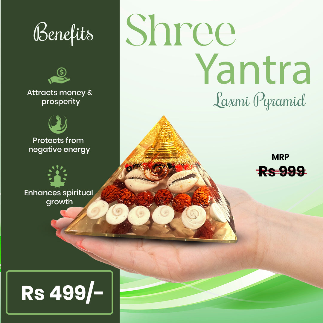 Laxmi Pyramid Original Gomati Chakra, Rudraksha, Cowrie Kodi Maha Laxmi Pyramid - 90mm Large Orgonite Pyramid with Shree Yantra - Pooja Vastu Items for Home for Good Luck, Money & Wealth