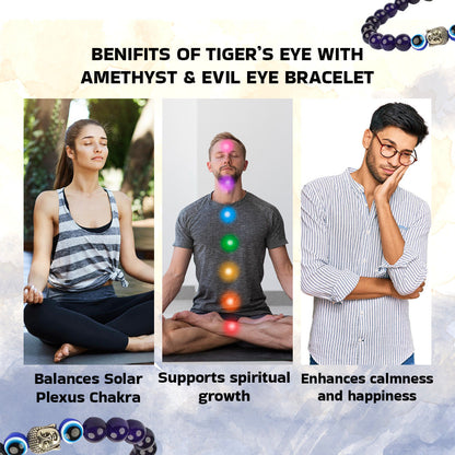 Round Beaded Tiger Eye With Amethyst & Evil Eye Stone Bracelet | Reiki Healing for Men Women & Kids