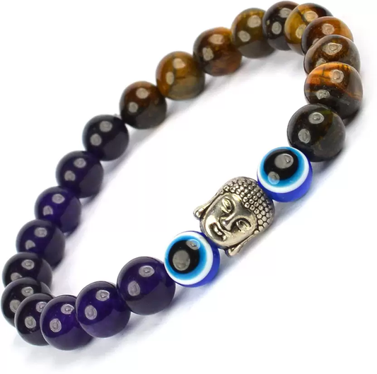 Nazar Suraksha Bracelet – Tiger Eye, Amethyst & Evil Eye (Daily Wear, Unisex)