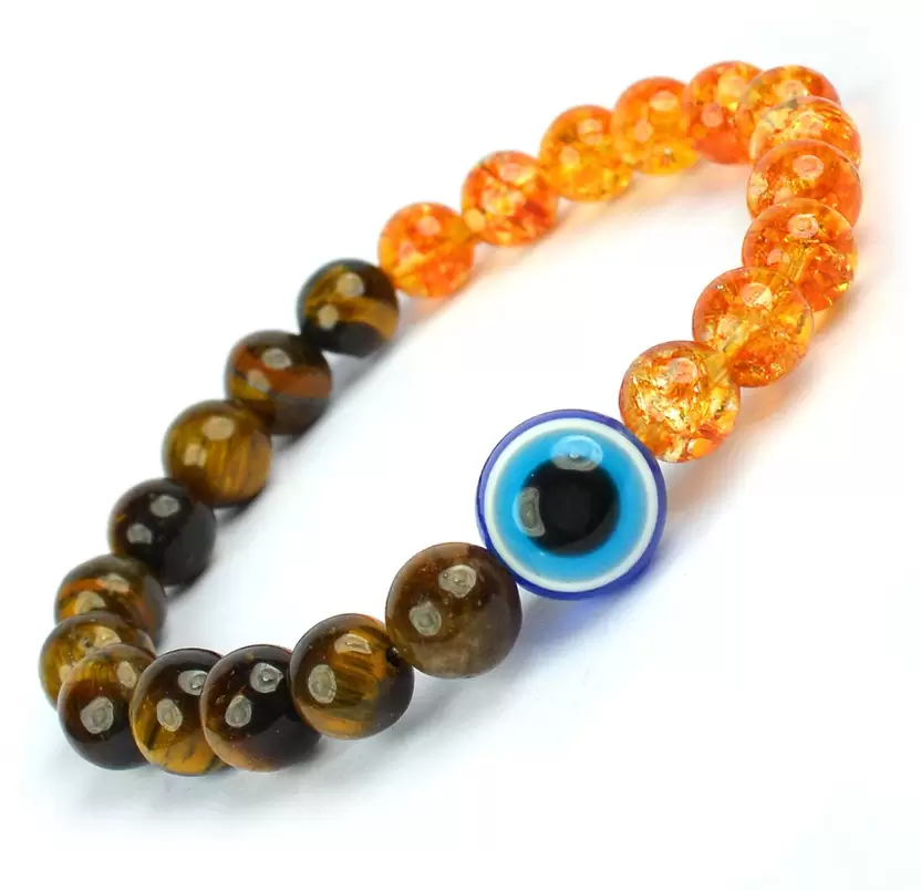 Tiger Eye with Citrine & Evil Eye Round Bead Bracelet : A Bracelet for Protection, Positivity & Success for both Men & Women