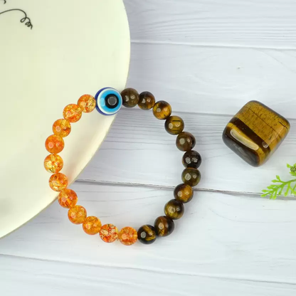 Tiger Eye with Citrine & Evil Eye Round Bead Bracelet : A Bracelet for Protection, Positivity & Success for both Men & Women