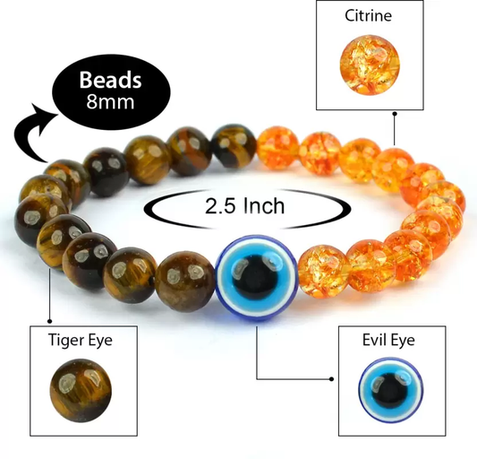 Tiger Eye with Citrine & Evil Eye Round Bead Bracelet : A Bracelet for Protection, Positivity & Success for both Men & Women