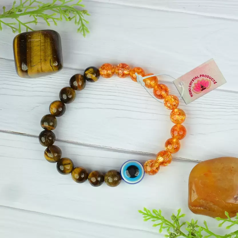 Tiger Eye with Citrine & Evil Eye Round Bead Bracelet : A Bracelet for Protection, Positivity & Success for both Men & Women